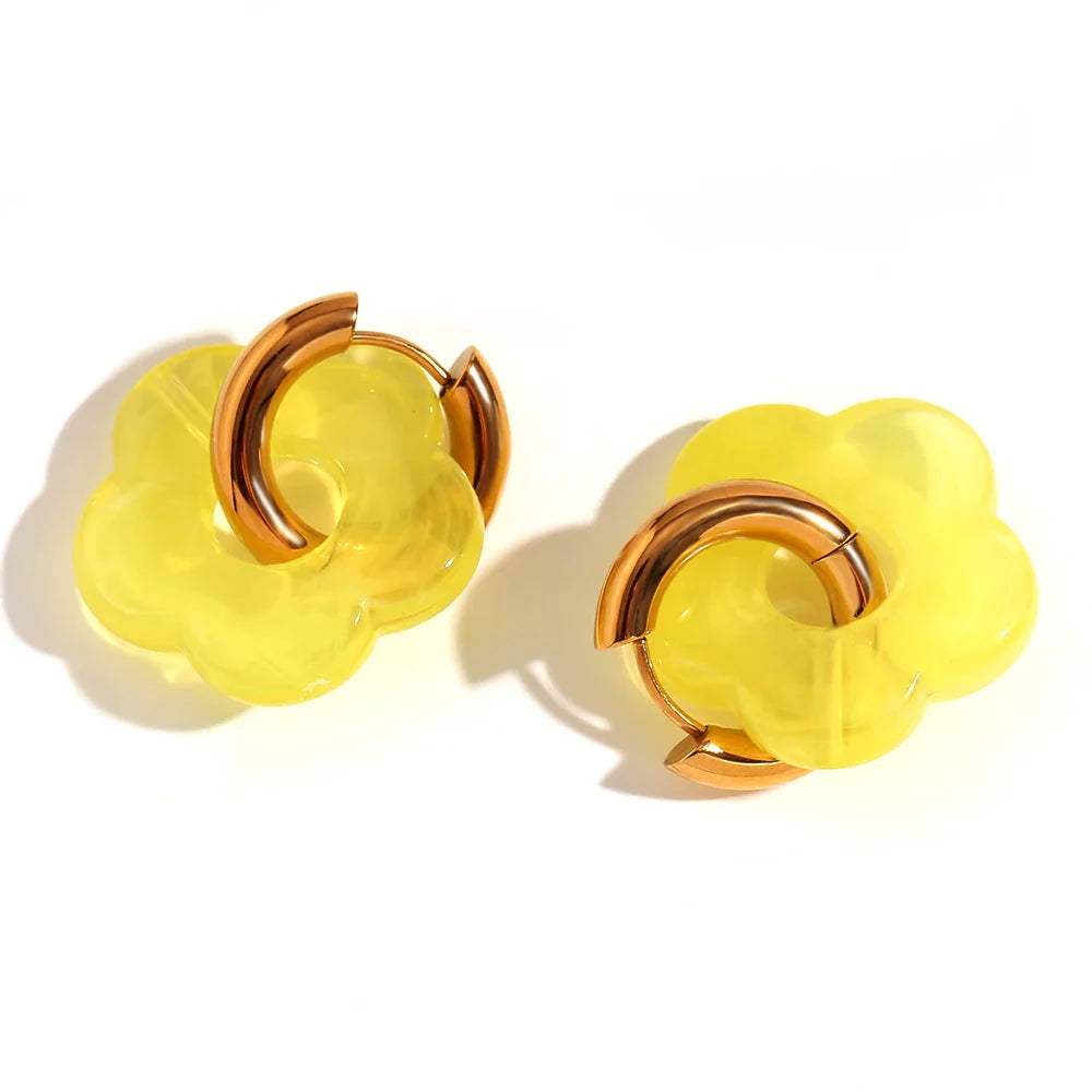 Colorful Resin Flower Drop Earrings for Women in Waterproof Stainless Steel Hoops