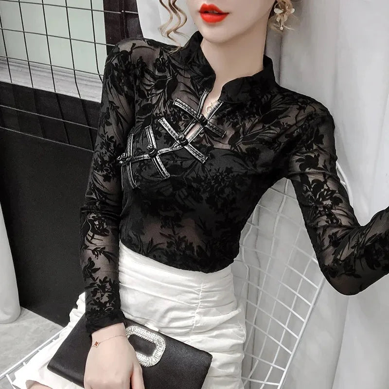 Elegant Mesh Lace Hollow Slim Fit Long Sleeve Shirt for Women Vintage-Inspired Sexy Bottoming Top