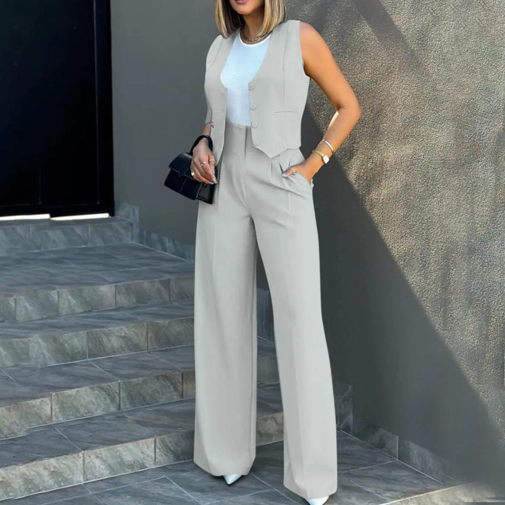 Sleeveless V-Neck Vest and Wide Leg Pants Suit for Women