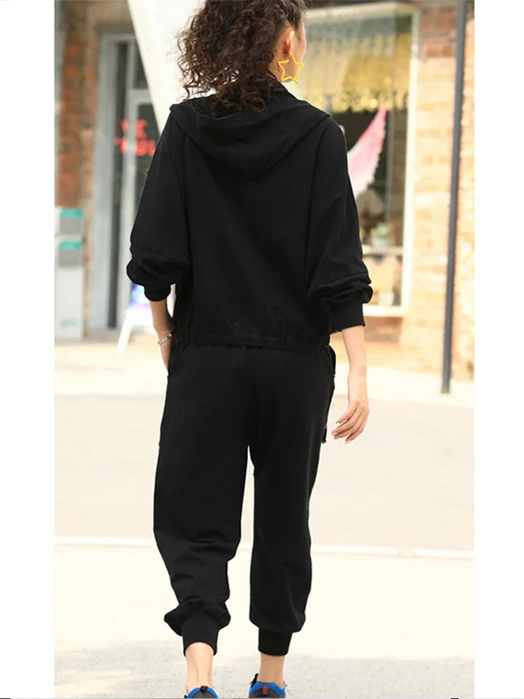 Spring Punk Fashion Women's Two Piece Set with Loose Hooded Jacket and Classic Fitness Pants