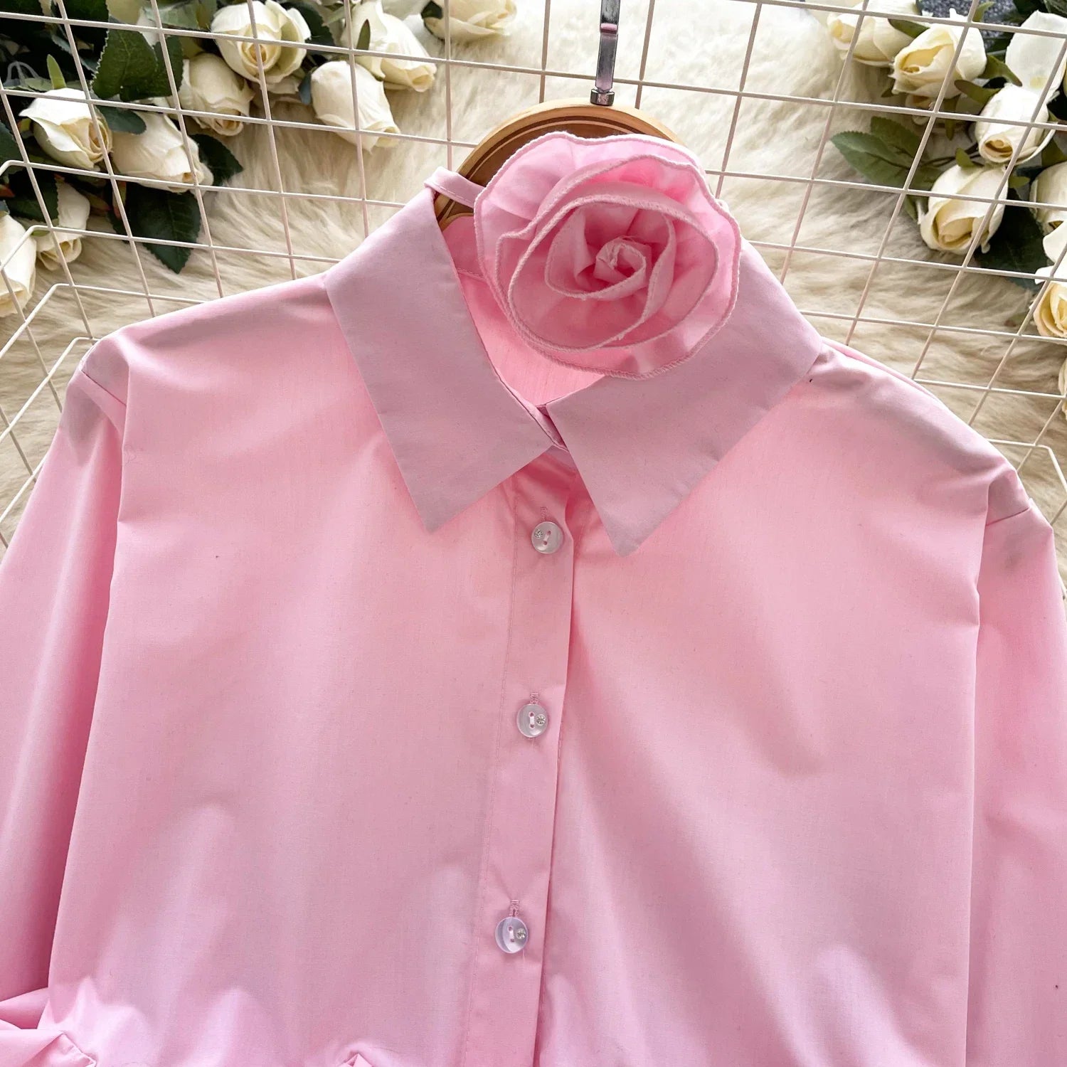 Women's 3D Floral Long Sleeve Blouse Single Breasted Turn-Down Collar Slim Fit Solid Color Shirt