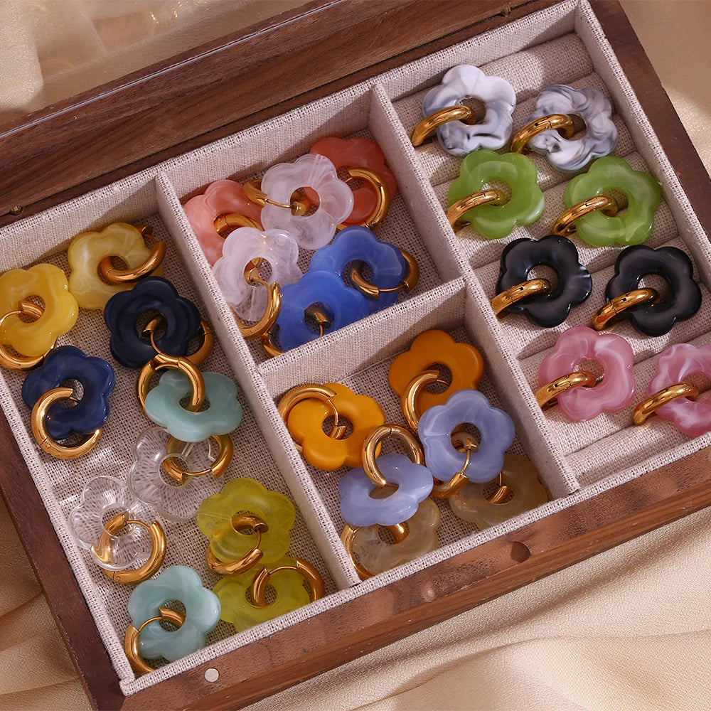 Colorful Resin Flower Drop Earrings for Women in Waterproof Stainless Steel Hoops