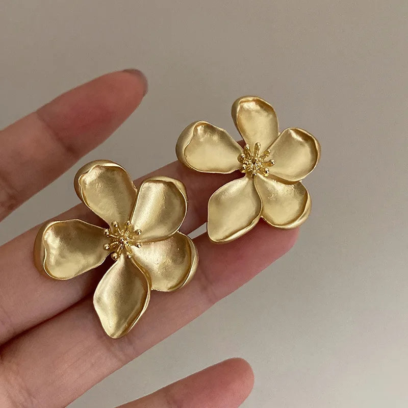 Gold Color Matte Texture Metal Flower Retro Earrings for Women Fashion Party Jewelry Gifts