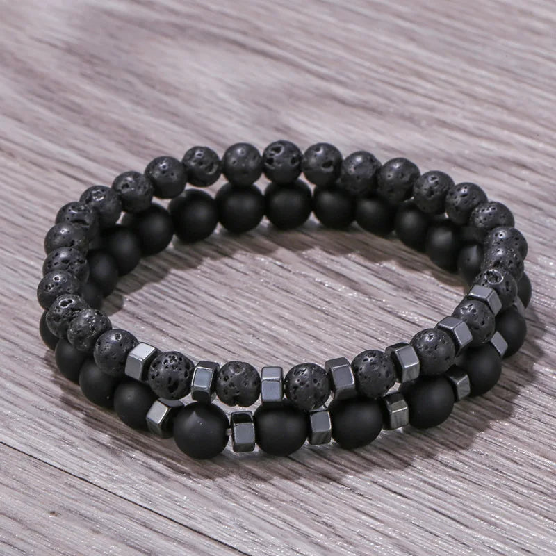 Frosted Black Volcanic Stone Beaded Men's Bracelet Set Double Layer Nature Stone Gifts