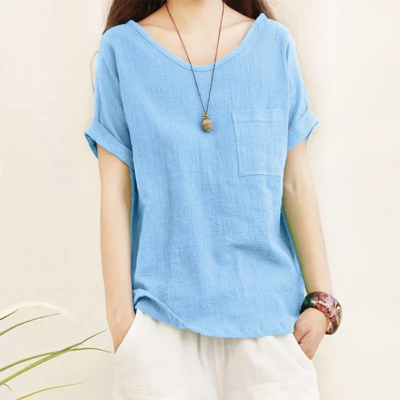 Women's Loose Fit Cotton Linen Blouse Short Sleeve Green O-Neck Casual Summer Top Large Size