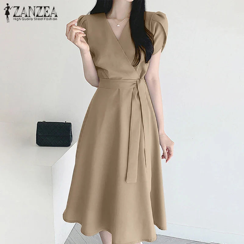 V Neck Midi Dress For Women Solid Cap Sleeve A Line