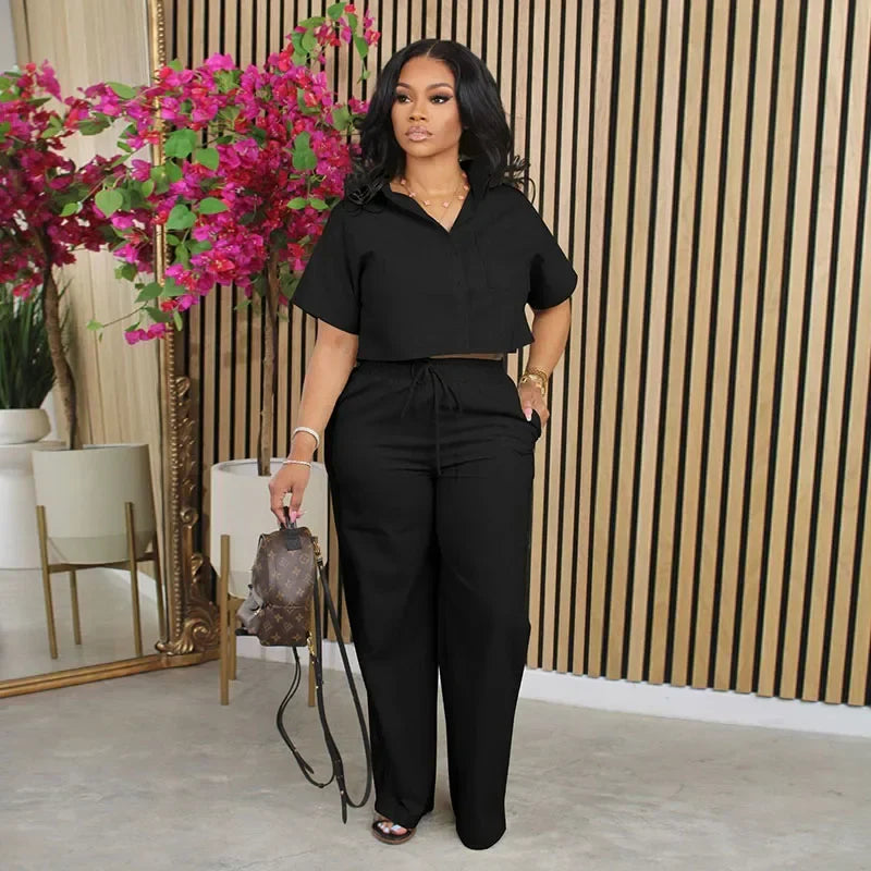 Linen Shirt and Wide Leg Pants Two Piece Set for Women, Casual Street Fashion Outfit