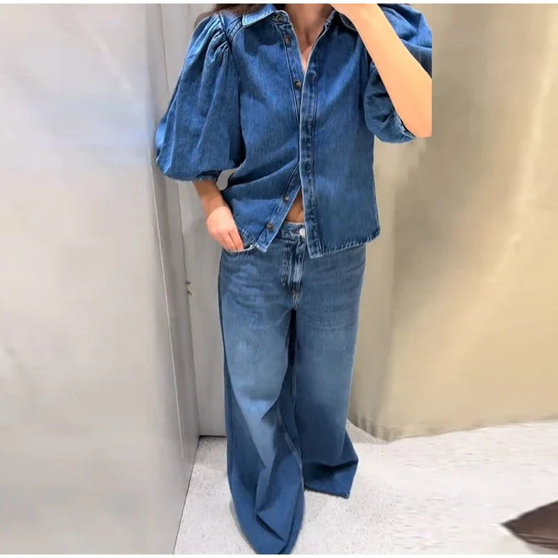 Street Denim Women's Puff Sleeve Shirt Solid Color Single Breasted Pleated Blouse Casual Half Sleeve Top for Spring and Summer