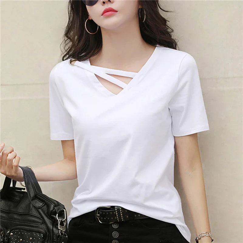 Casual Women V-Neck Loose White T-Shirt Summer Short Sleeve Polyester Top