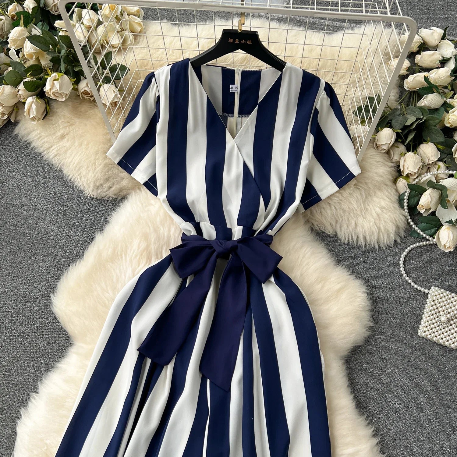 Sleeveless V Neck Stripe Jumpsuit for Women with Lace Up Bow Detail Summer Long Romper High Street Korean Inspired Style