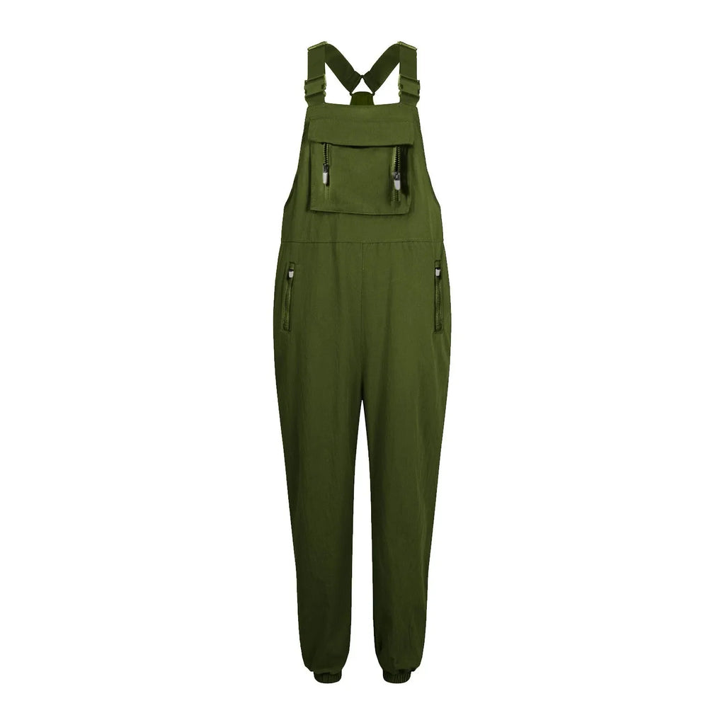 Women's Summer Casual Loose Wide Leg Jumpsuit with Adjustable Straps Pockets and Retro Button Detail Solid Color Sleeveless Overalls