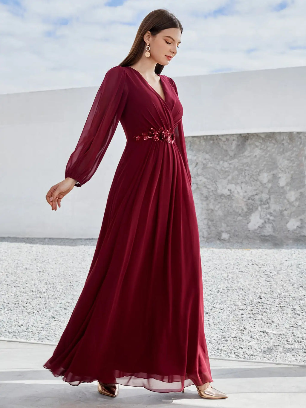 Beaded Print Chiffon V Neck Long Sleeve Evening Gown