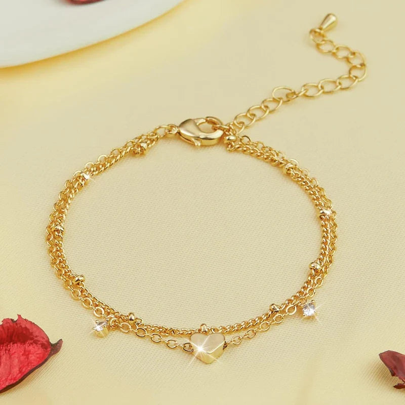 925 Silver Plated Heart Charm Anklet with Cubic Zirconia Dainty Layered Chain Jewelry for Women