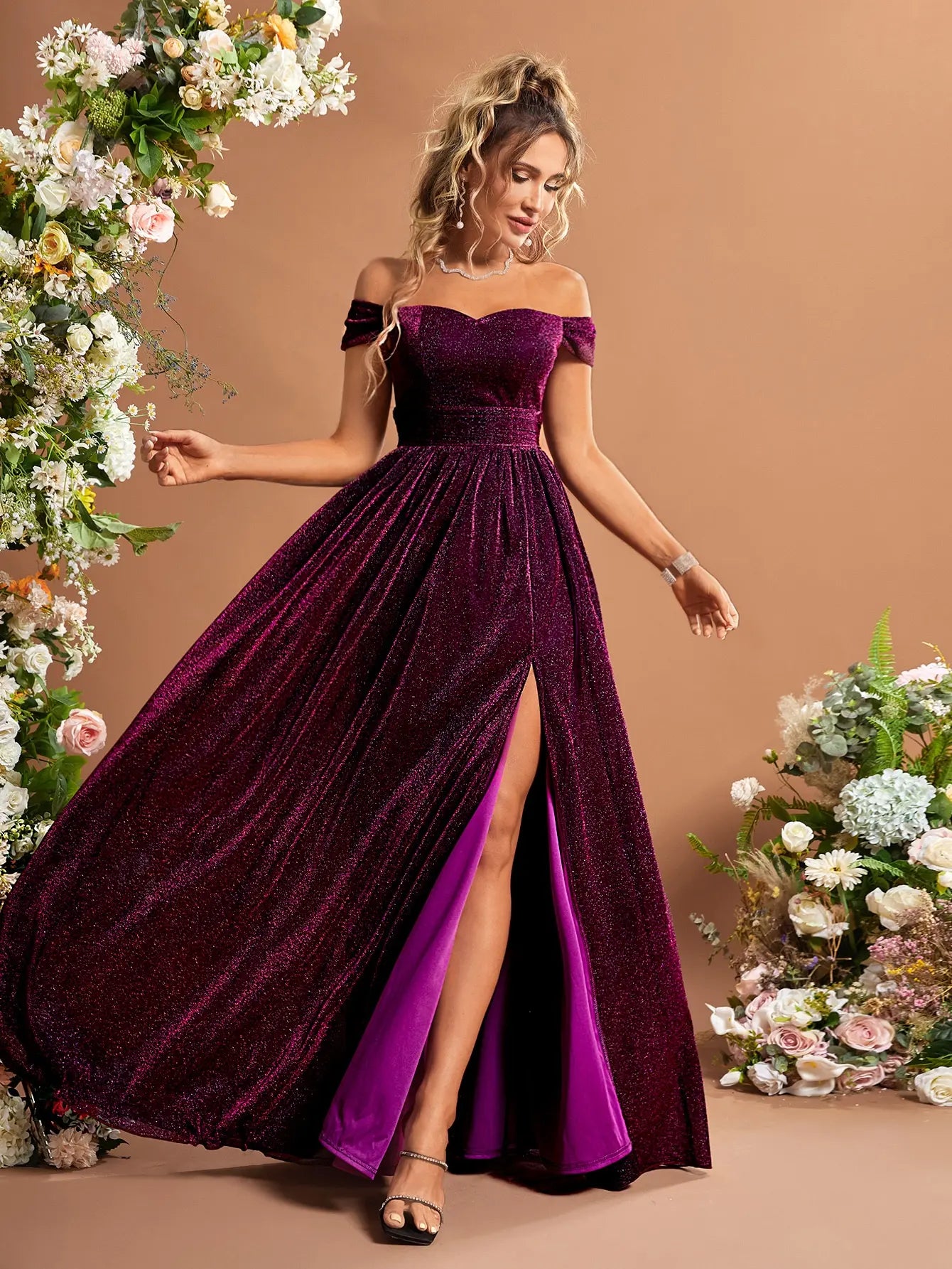 Green Off Shoulder Glitter Dress With Thigh Slit Sequins