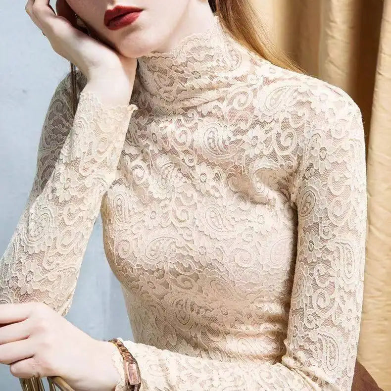 Winter High Neck Long Sleeve Fleece Lace Women T-Shirt Elegant Trendy Top