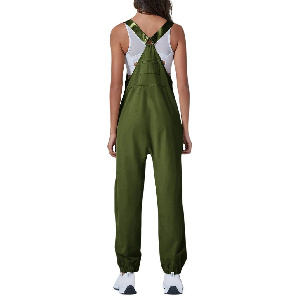 Women's Summer Casual Loose Wide Leg Jumpsuit with Adjustable Straps Pockets and Retro Button Detail Solid Color Sleeveless Overalls