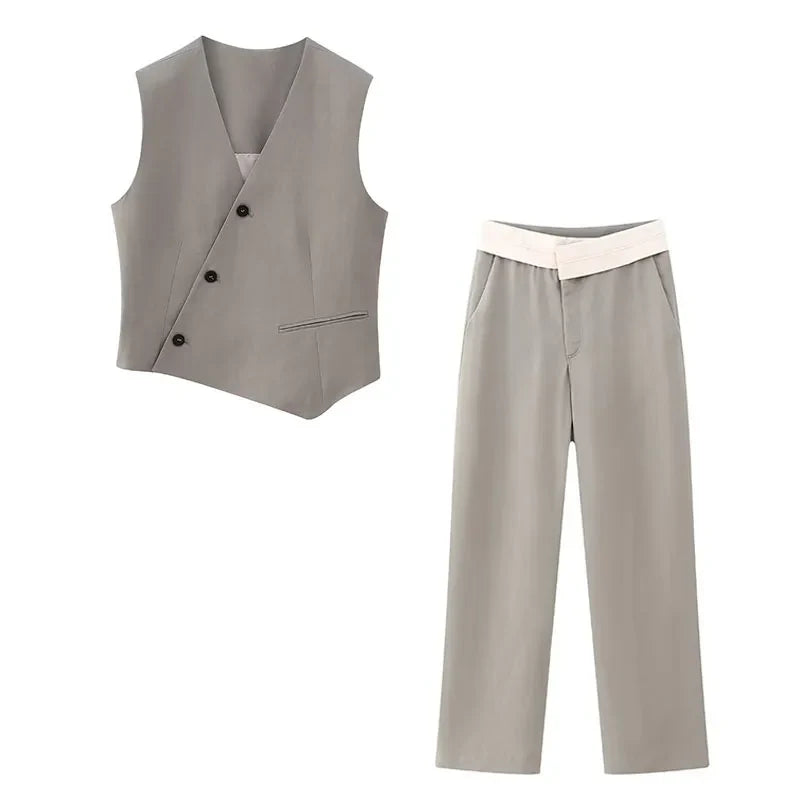 Women's Solid Grey Two Piece Set with Sleeveless Asymmetrical Vest and High Waist Wide Leg Trousers Casual Outfit