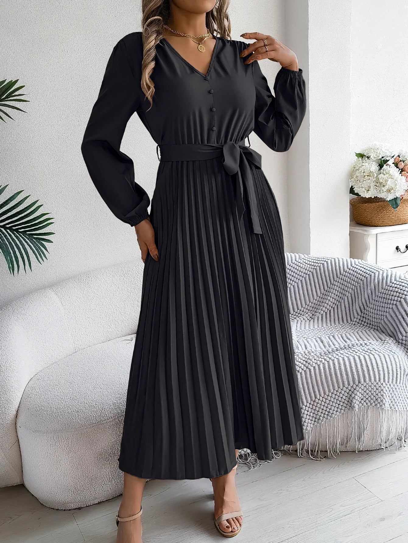 Elegant Autumn V Neck Belted Pleated Long Sleeve Dress