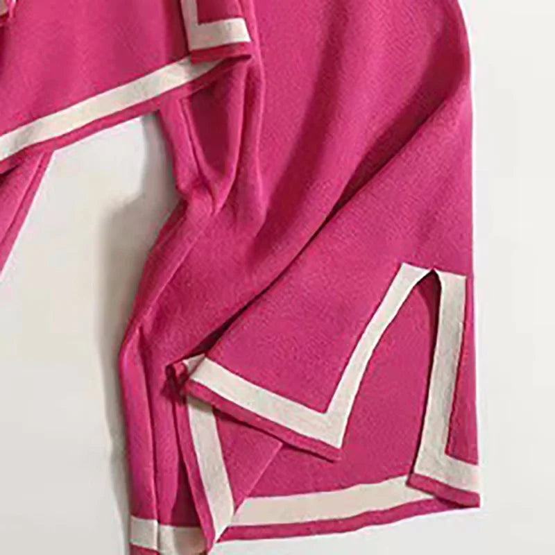 Spring Women Knitted Sweater Set Casual Pullover and Pant Outfit with Color Contrast Block Design