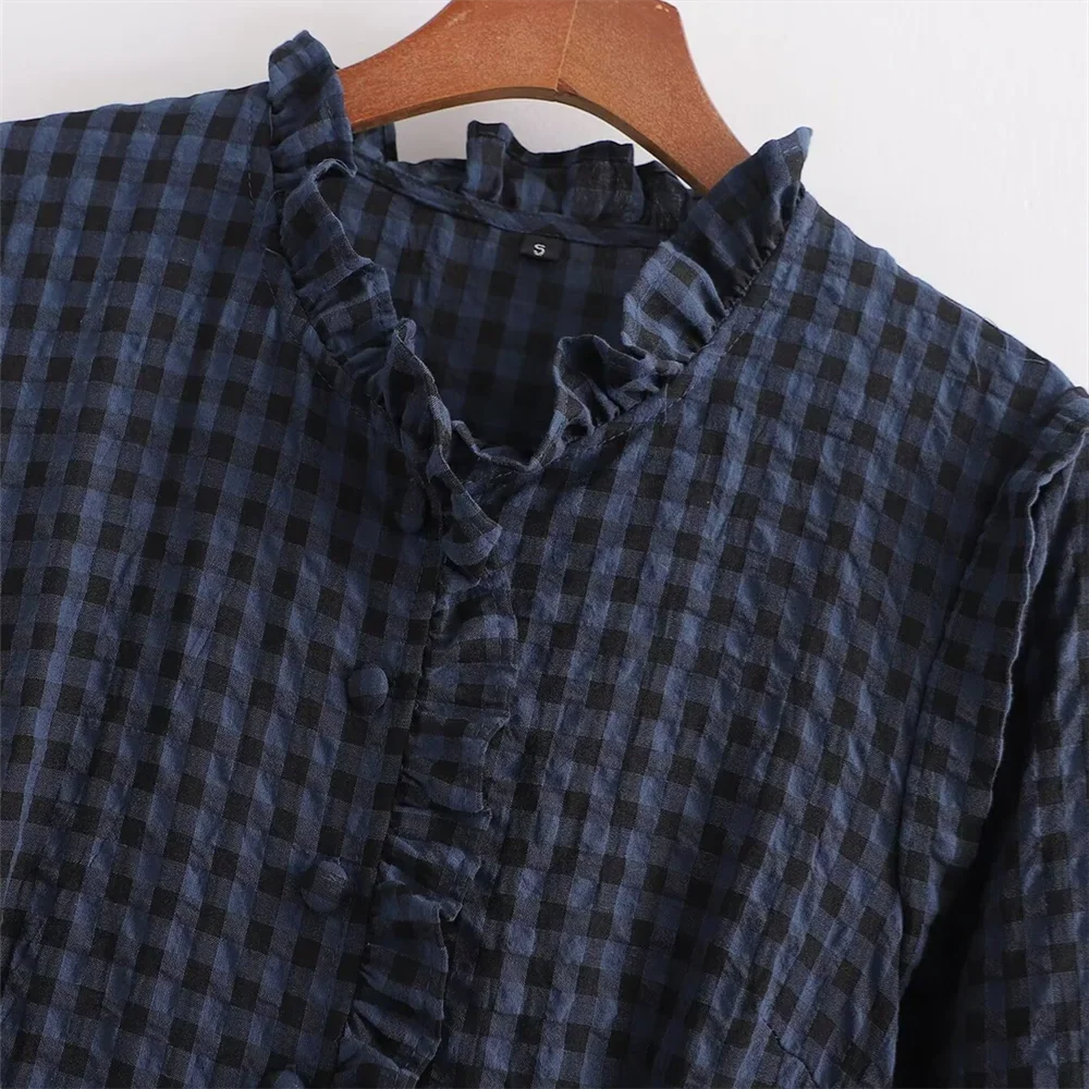 Women's Casual Plaid Bubble Sleeve Long Jumpsuit Versatile Fashionable Temperament Fit