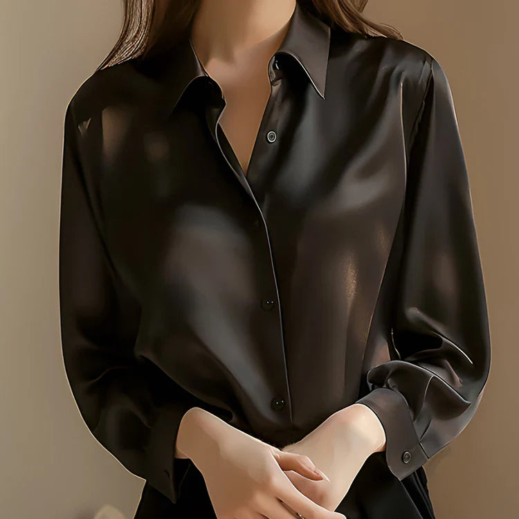 Elegant Satin Long Sleeve Shirt for Women Slim Fit Casual Office Blouse with Transparent Buttons