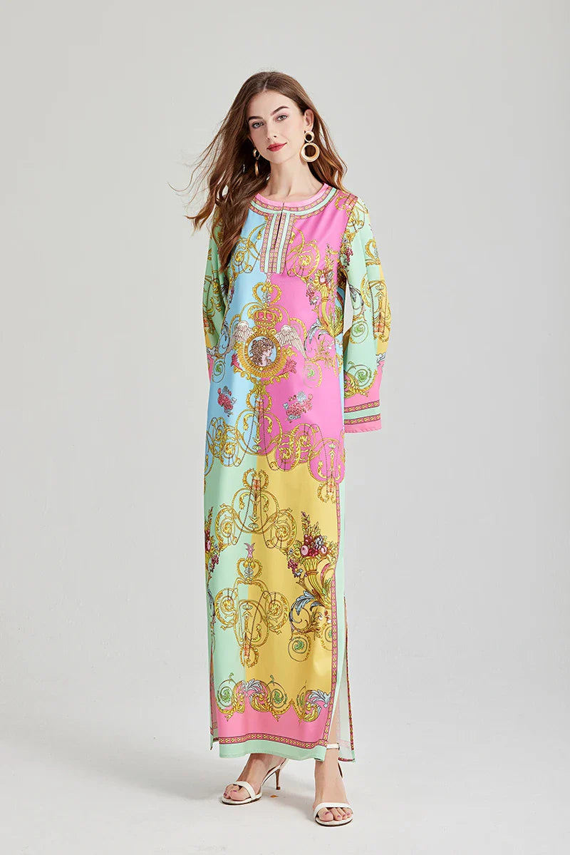 Bohemian Maxi Dress Floral Print Long Sleeve O Neck