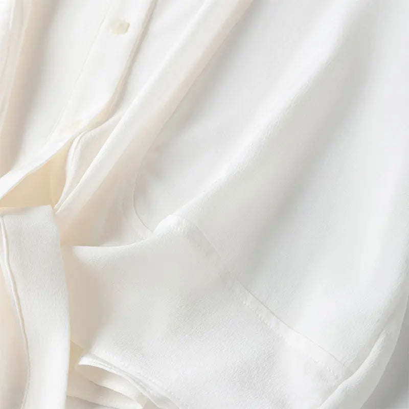Women 100 Percent Mulberry Crepe Silk White Blouse Lantern Sleeves Bow-Tie Hem Loose Fit Office Top