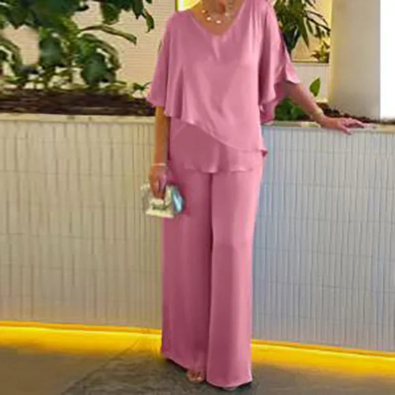 Elegant Women's Summer Two Piece Set with V-Neck Irregular Top and High Waist Wide Leg Pants in Solid Color