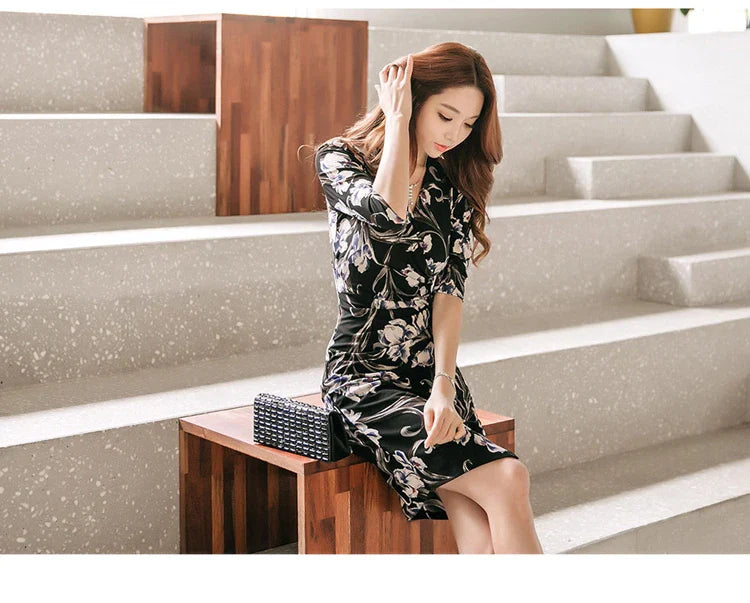 V-Neck Pencil Dress for Women Vintage Print Office Wear