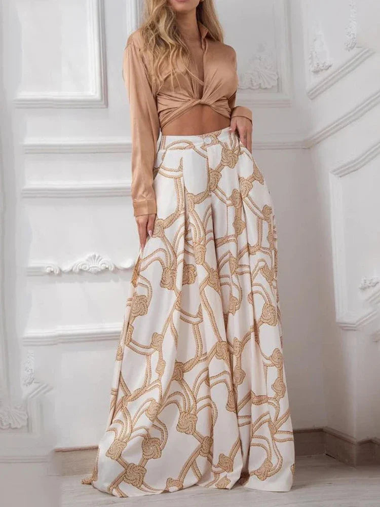 Printed Casual Suit with Lace-Up Shirt and High Waist Wide Leg Pants Set for Women