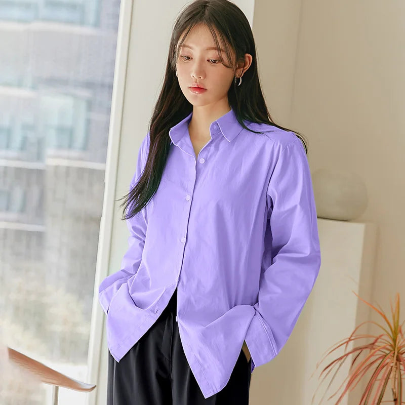 Women's Casual Loose Fit Long Sleeve Lapel Shirt 100 Percent Cotton Pure Color Versatile Layering Top for Spring and Autumn