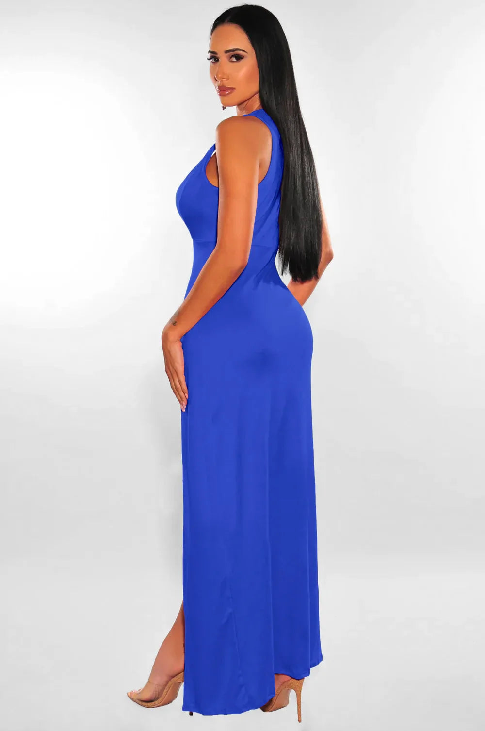 Backless V Neck Sleeveless Maxi Dress With Slit For Party