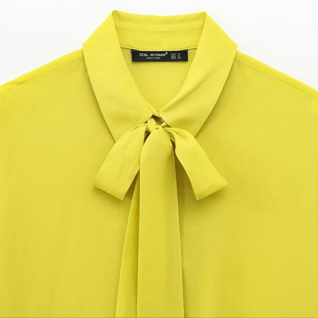 Elegant Solid Long Sleeve Bow Tie Blouse for Women Office Wear All-Match Drawstring Top Shirt