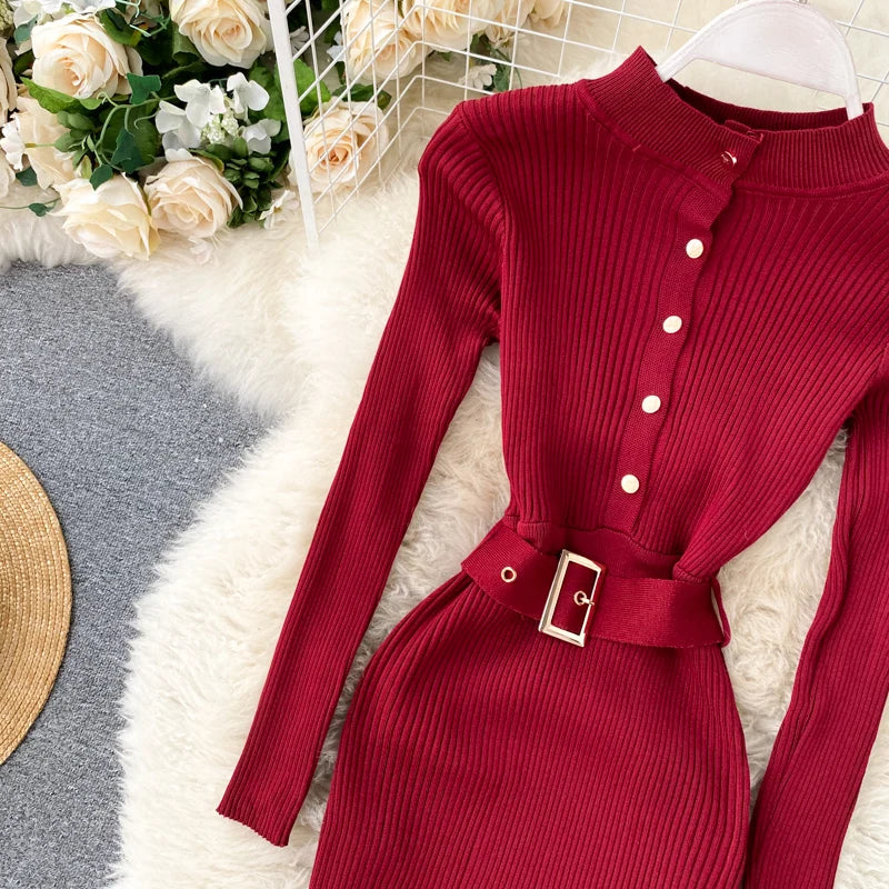 Womens Winter Knitted Dress Stand Collar With Sash Belt