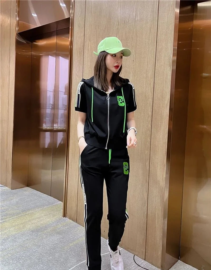 Women's Casual Loose Fit Tracksuit Set with Short Sleeve Hooded Top and High Waist Pants