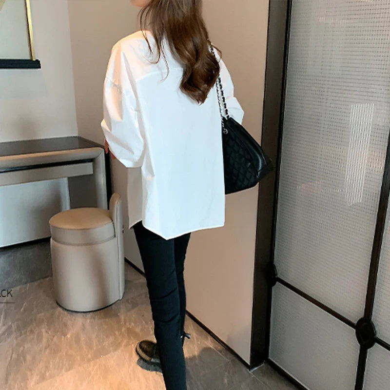 White Long Sleeve Blouse for Women Casual Loose Fit Office Shirt Simple Elegant Workwear Top