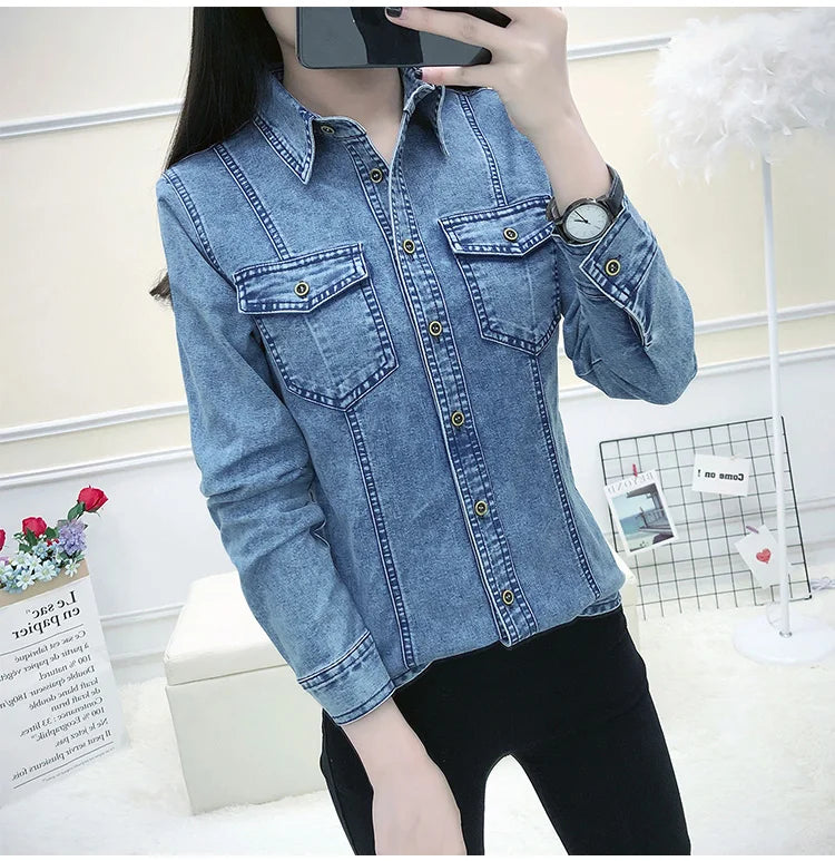 Women's High Quality Denim Shirt Long Sleeve Single Button Blouse with Pockets Casual Korean Style Autumn Winter Top