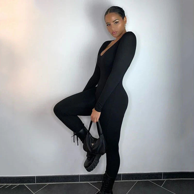 Deep Neck Long Sleeve Skinny Black Stretchy Bodycon Jumpsuit Slim Fit Autumn Winter Fashion Streetwear Romper for Women