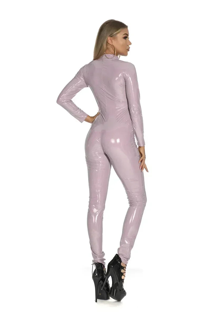 Womens Wet Look PU Leather Jumpsuit Long Sleeve Shiny Latex Bodysuit Zipper Open Crotch Stretch Clubwear Plus Size