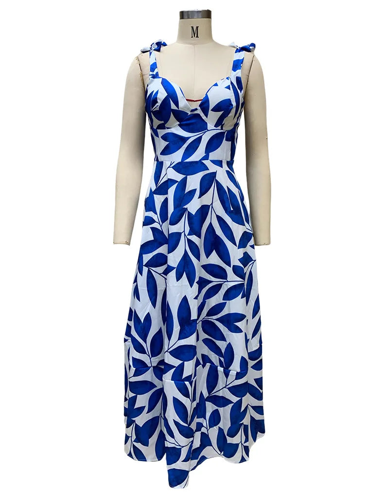 Summer Print Long Dress Spaghetti Strap Sundress V Neck