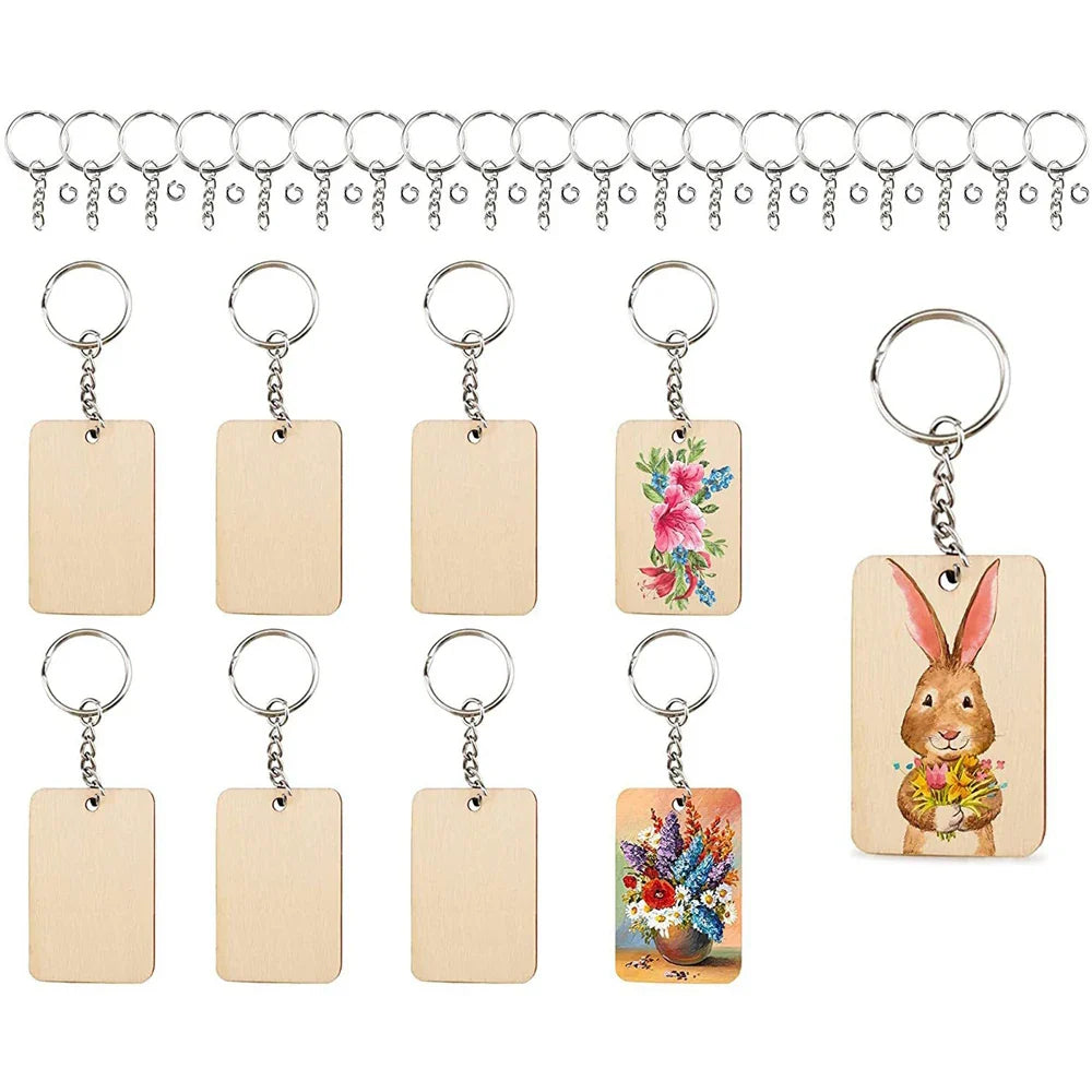 30 Piece Wooden Keychain Blanks Set with Rectangle and Round Ornaments for DIY Crafts