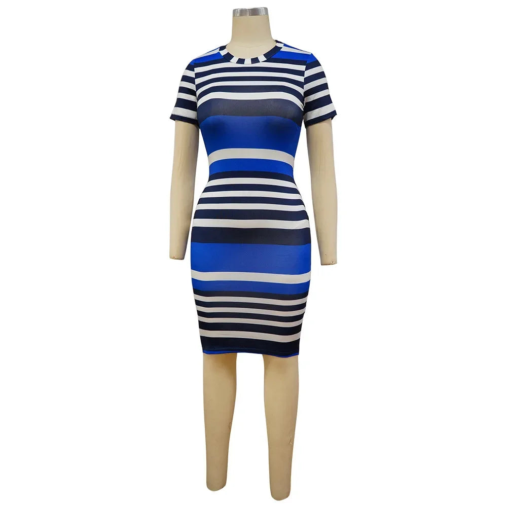 Summer Leaf Striped Print Bodycon Dress Knee Length