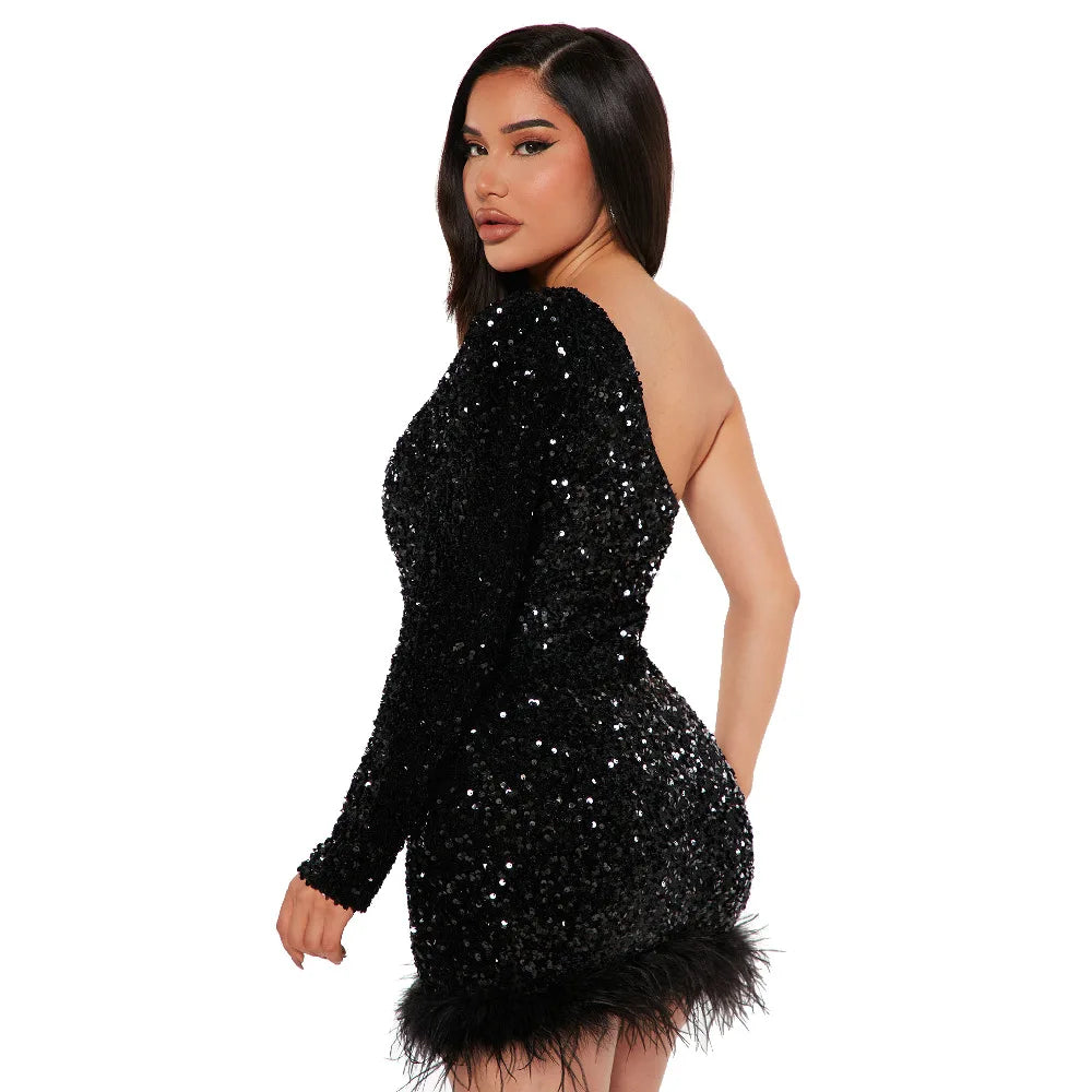 Elegant Off Shoulder Sequin Party Dress Long Sleeve