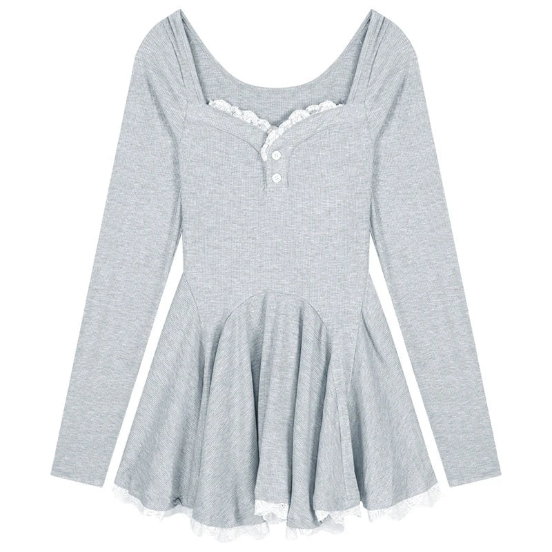 French Style Lace Dress for Women Long Sleeve Waist Dress