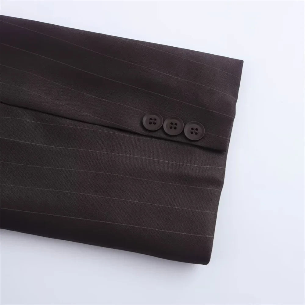 Autumn Women's Fashion Striped Loose Suit Coat with Buckle Decoration and High Waist Striped Pants Set