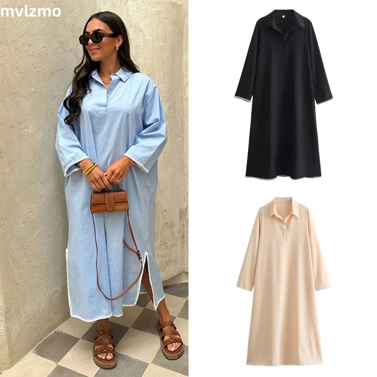 Green Embroidery Shirt Dress With Cuffed Sleeves Split Hem