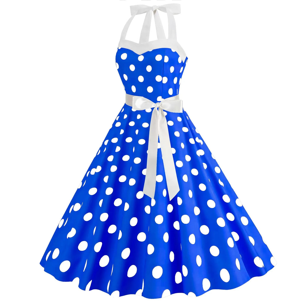 Ladies Vintage Polka Dot Backless Lace Up Swing Dress