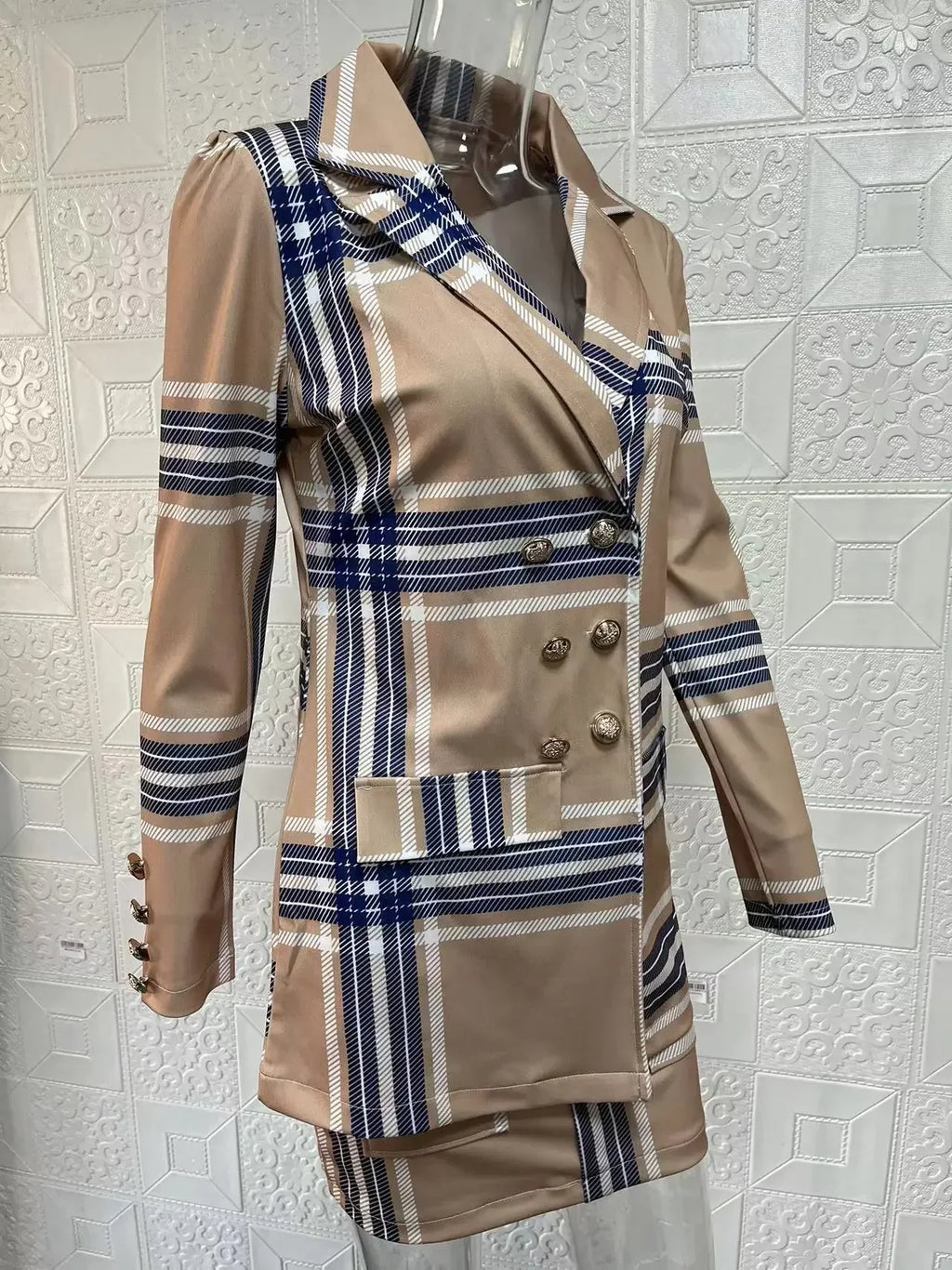 Elegant Plaid Two-Piece Mini Dress Set for Women Casual Chic Skirt and Jacket Outfit Spring Autumn Fashion