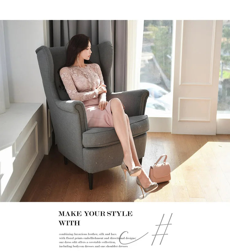 Korean Lace Bodycon Dress Women Office Sheath Pencil