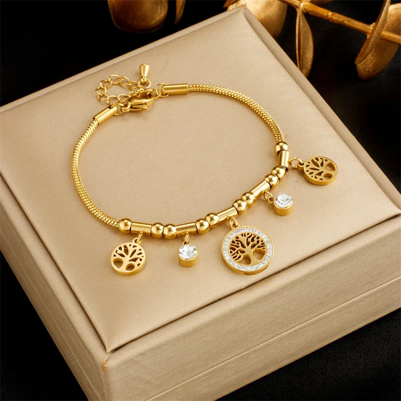 Golden Life Tree Stainless Steel Bracelet with White Zircon Pendant for Women Elegant Jewelry Gift